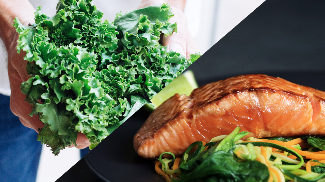 7 Insanely Healthy Foods to Fight Inflammation, by Sarah Peterson. Photographs of Kale and Salmon.