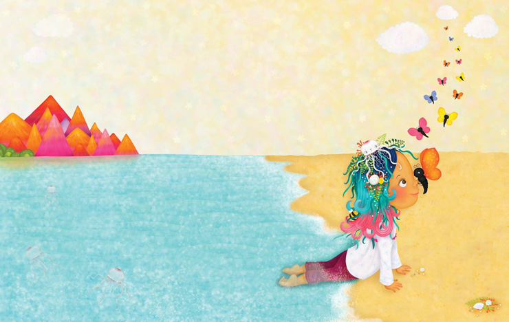 Illustration of girl lying at the ocean's edge at the beach, by Sarah Jane Hinder