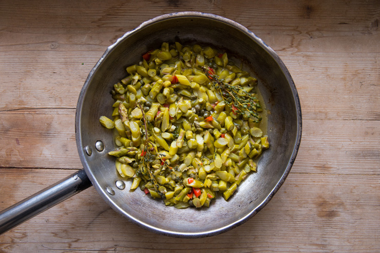 Sauteé of asparagus in skillet, photograph by Bill Miles
