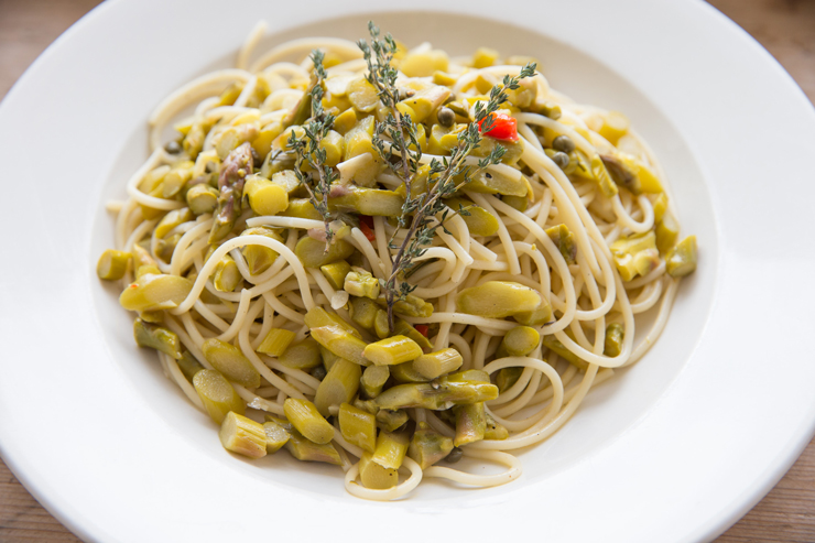 linguine with asparagus, recipe by Christine Moss, photograph by Bill Miles