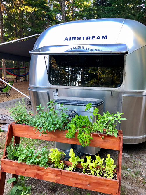 Photograph of Airstream and potted herbs