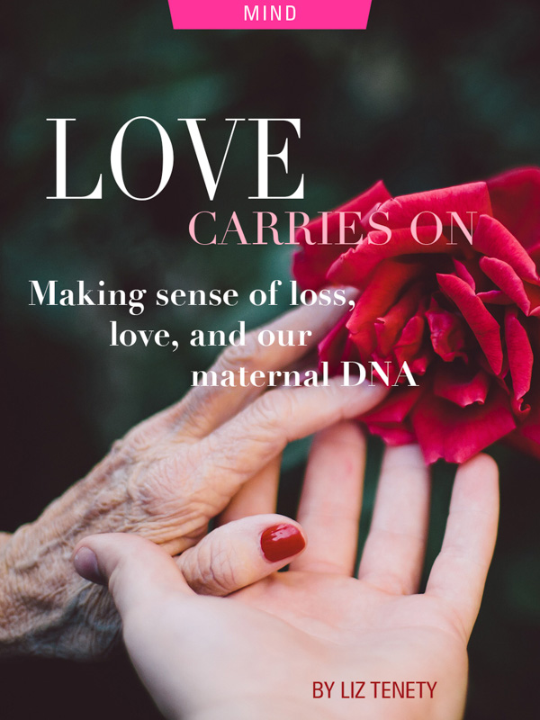 The simultaneous passing of her grandmothers offered a pregnant woman a deeper understanding of life, love, and the divine path of our maternal DNA by Liz Tenety. Photograph of older hand holding younger hand with rose by Jake Thacker