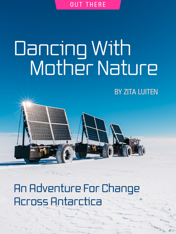 Dancing With Mother Nature: An Adventure For Change Across Antarctica by Zita Luiten. Photograph of plastic vehicle in Antarctica