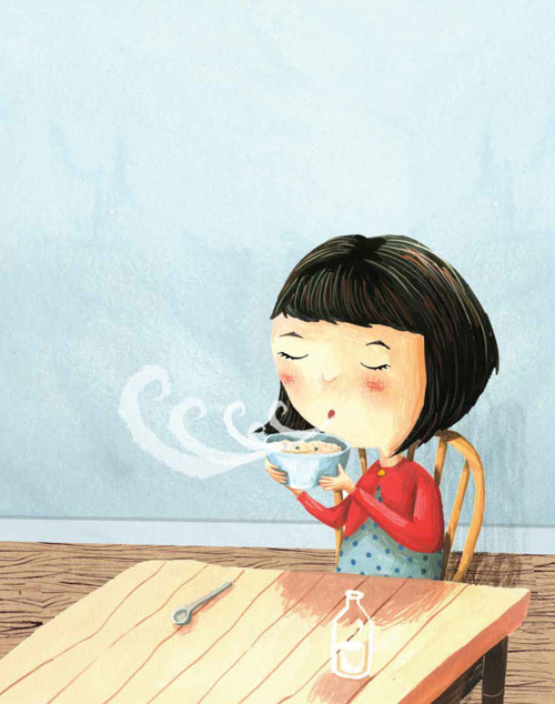 Drawing of a child exhaling, blowing on oatmeal 