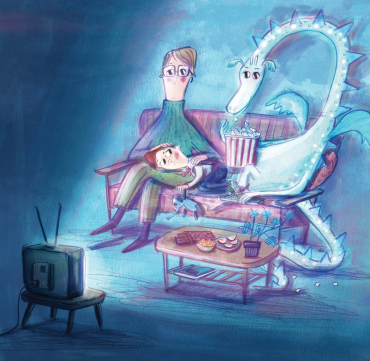 Illustration of a parent, child and dragon sitting on a couch watching a movie, by Birgitta Sif