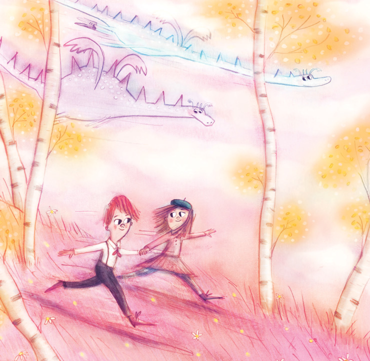 Illustration of children running through a forest with dragons flying above them, by Birgitta Sif