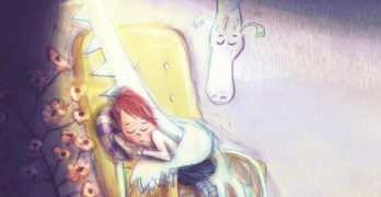 The Courageous Art of Supporting Someone in Grief (At Any Age) by Angie Lucas. Illustration of a dragon holding a sleeping child in an arm chair, by Birgitta Sif