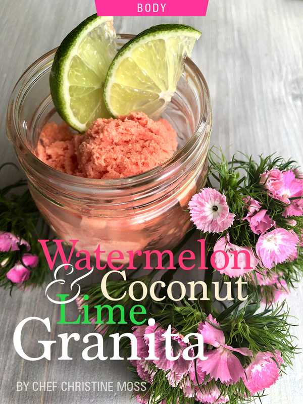 Recipe: Watermelon, Coconut & Lime Granita by Chef Christine Moss. Photograph of a mason jar with watermelon, coconut & lime Granita. Photograph by Christine Moss