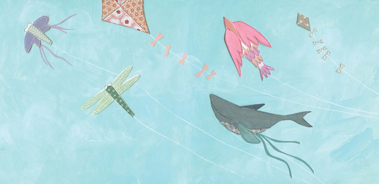 illustration of animals flying in the sky like kites by Leigh Standley