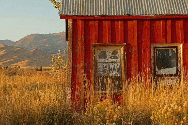 Side of red shack in field, photograph by Carol Fisher
