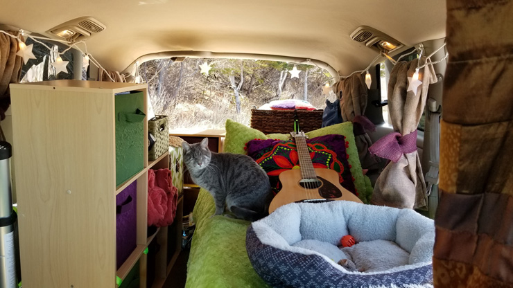 Decorated interior of van owned by writer Carol Fisher