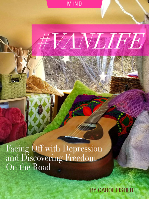 #VanLife: Facing Off With Depression & Discovering Freedom On The Road, by Carol Fisher. Photograph of decorated interior of van by Carol Fisher.