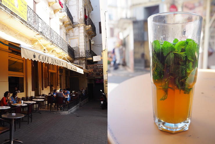 Paired photographs of cafe and closeup of mint tea in Tangier; photograph by Christine Moss
