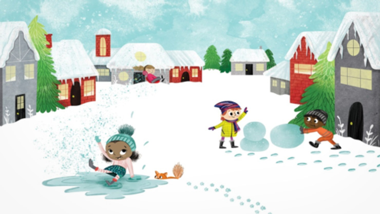 Illustration of children playing in snow by Holly Hatam