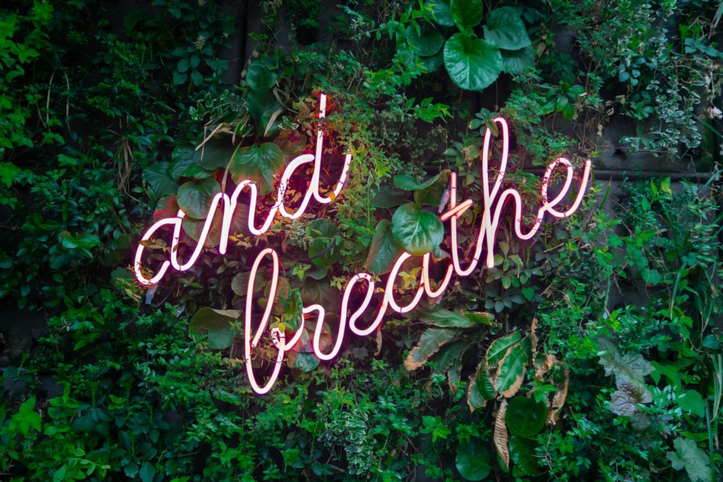 Photograph of a neon sign that says "and breathe" by Max Van Den Oetelaar