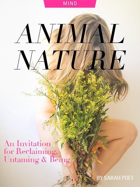Animal Nature: An Invitation for Reclaiming, Untaming & Being, by Sarah Poet. Photograph of woman's body and flowers by Ava Sol