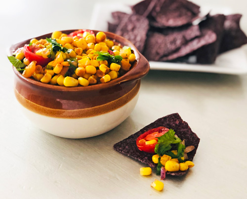 Photograph of the delicious Roasted Corn and Cherry Tomato Salsa, courtesy of Christine Moss.