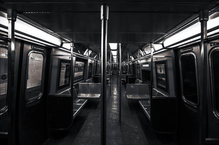 Photograph of an empty subway car by Dan Lane Williams