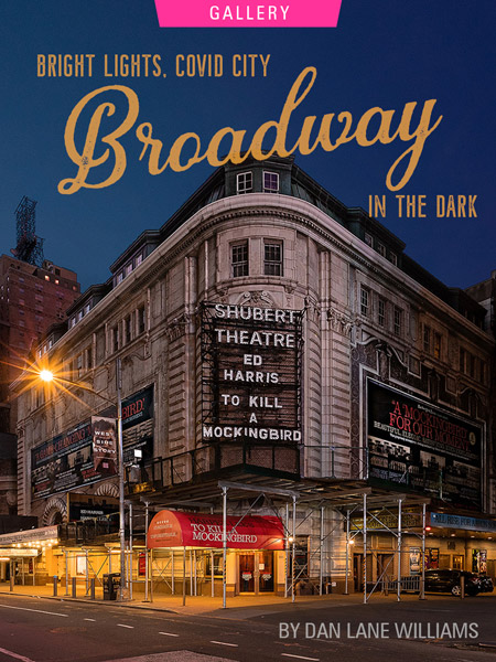 Bright Lights, Covid City: Broadway in the Dark By Dan Lane Williams. Photograph of a corner of broadway at night by Dan Lane WIlliams.