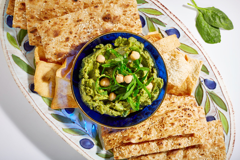 Photograph avocado and spinach hummus from Angela Cohan's cookbook