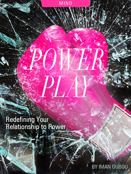 Power Play: Redefining Your Relationship to Power, by Iman Oubou. Photograph of pink boxing glove shattering glass, by JM0007