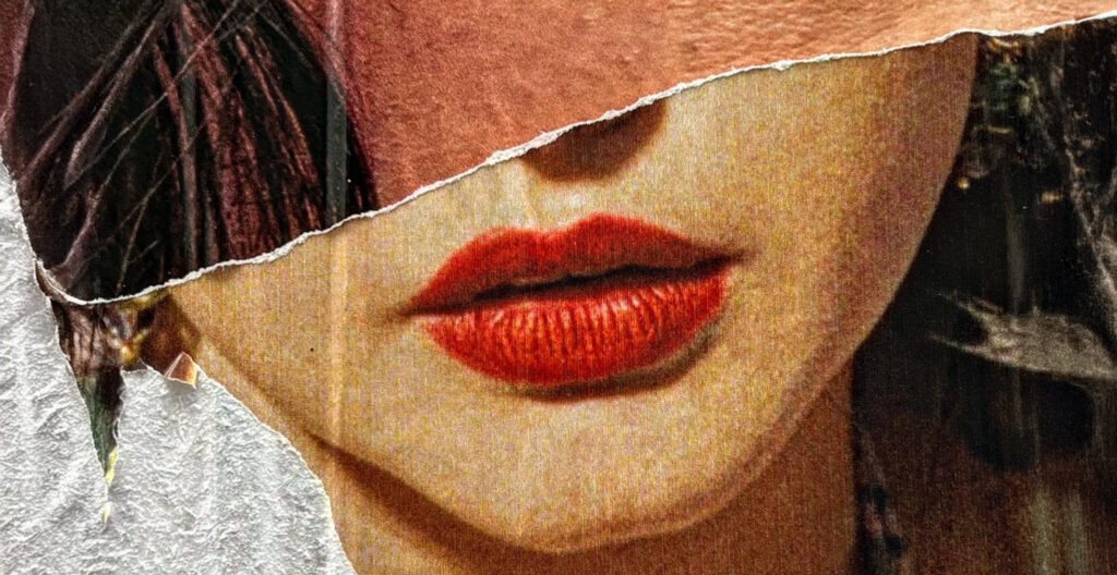 Everything I Learned about Forgiveness After My Husband’s Infidelity, by Sarah May. Photograph of torn wall art of a woman's red lips by Steve Snider