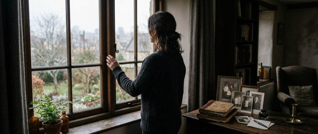 Woman looking out window of home with family photos and journals around the room.