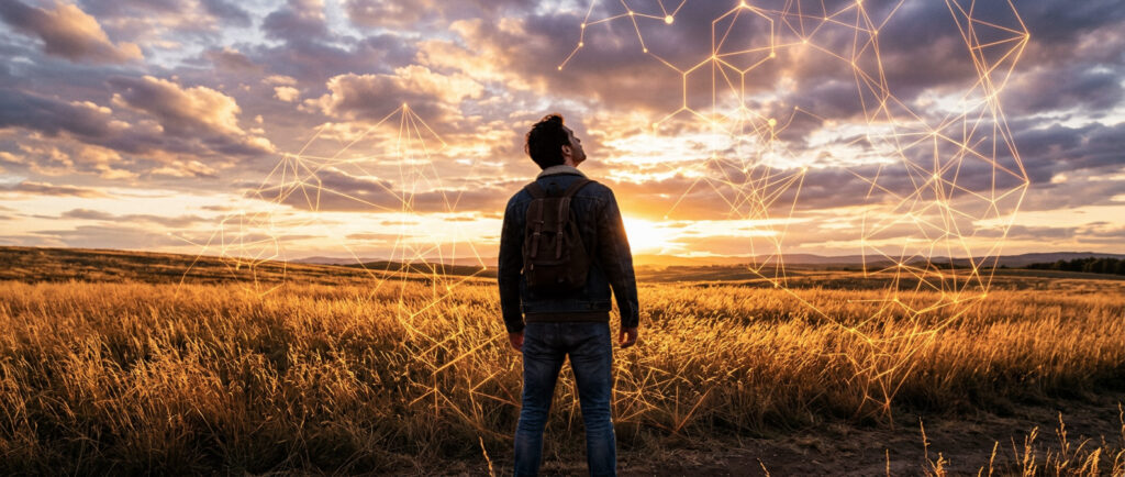 Man in field at sunset witnessing energetic formations in the sky and around him