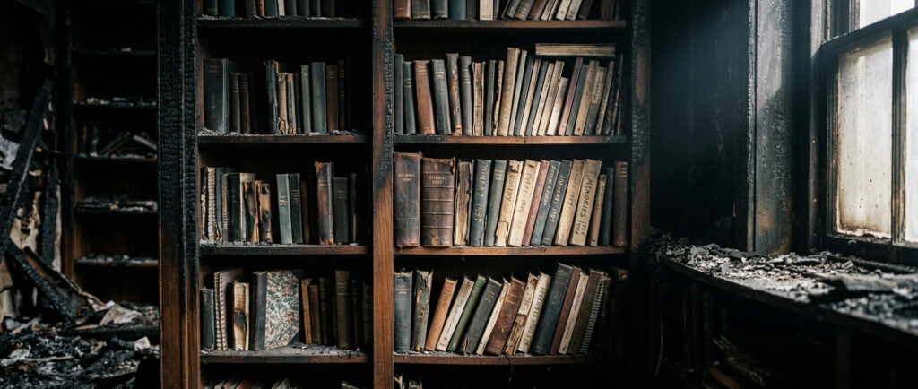 Bookshelves with decades of journals that survived a house fire