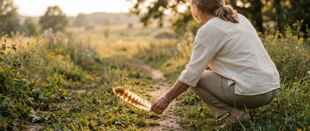 Woman picking up feather from a meadow trail