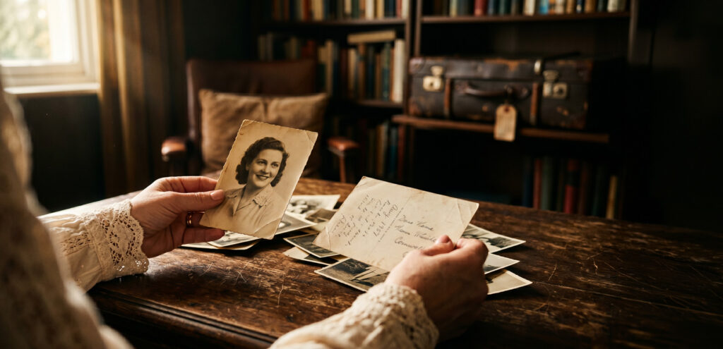Woman's hands holding old family photos