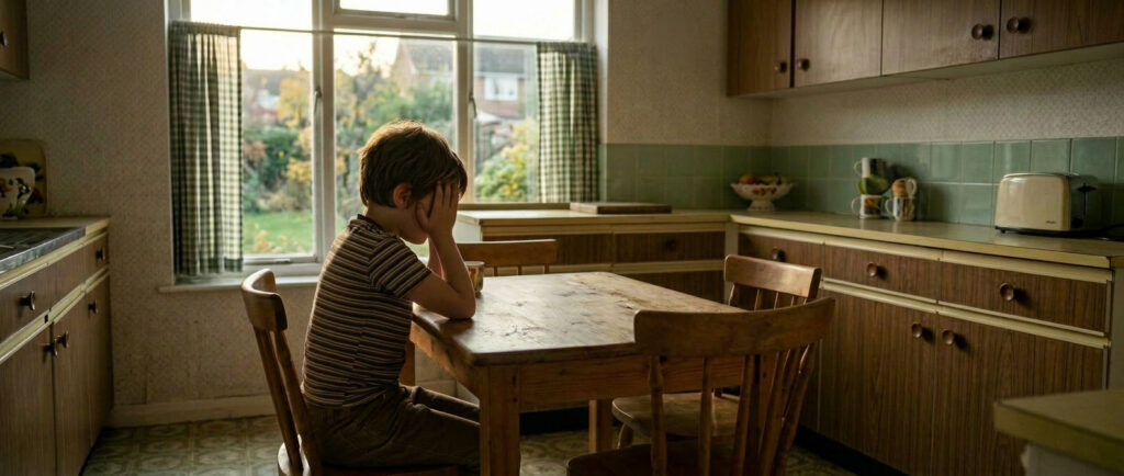 Young boy sitting alone at kitchen table, holding head in his hands