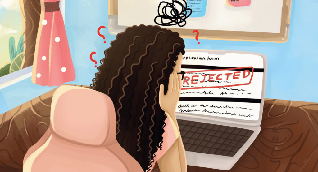 Illustration of young teen girl facing a computer with a rejection notice